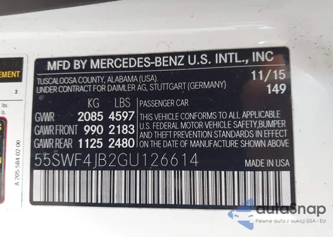 2016 Mercedes-Benz C 300 from USA, damaged, VIN 55SWF4JB2GU126614